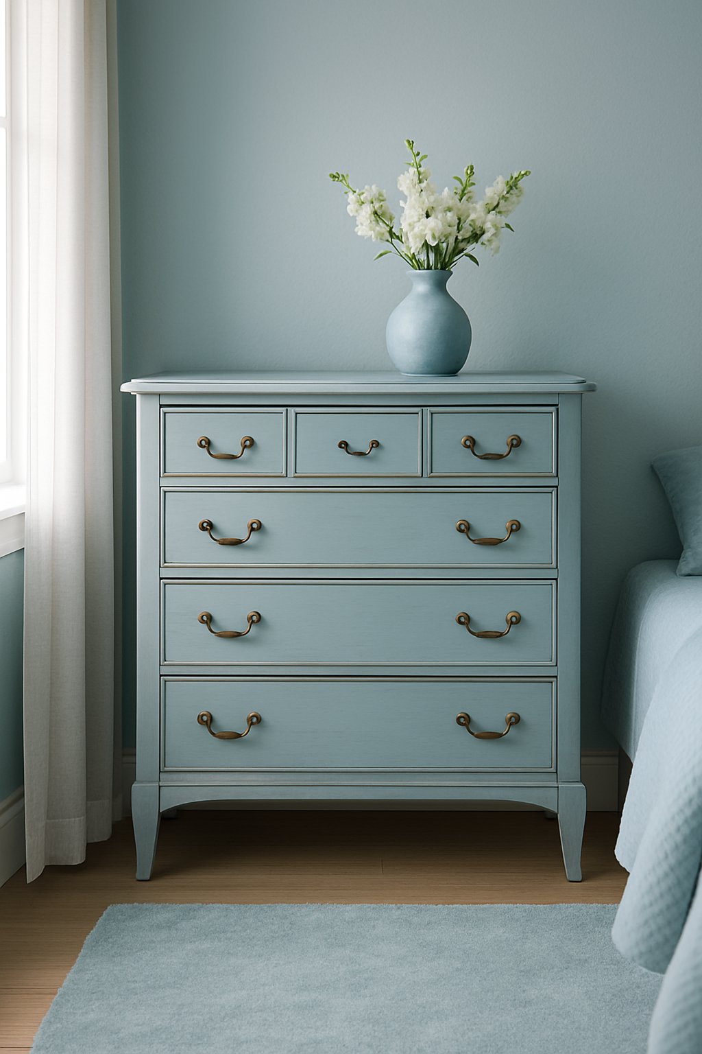 A vintage light blue dresser with brass handles in a serene light blue themed bedroom