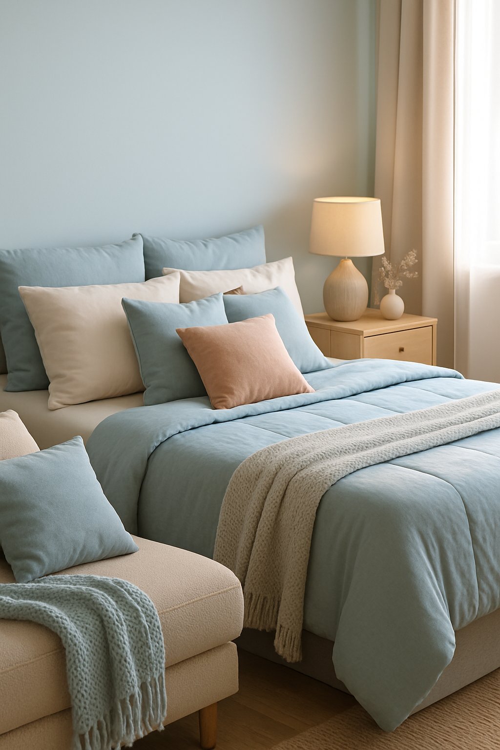 A cozy light blue themed bedroom with pastel cushions and throw blankets scattered across the bed and seating area