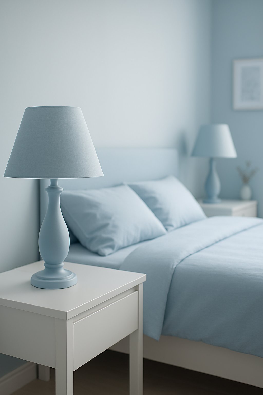 Two pale blue lampshades on bedside tables in a light blue themed bedroom