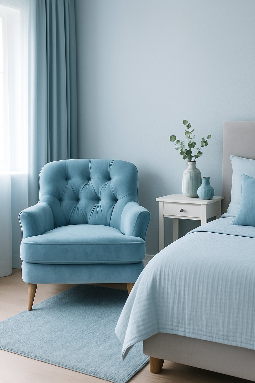 A light blue velvet armchair sits in the corner of a serene light blue themed bedroom, surrounded by light blue decor ideas