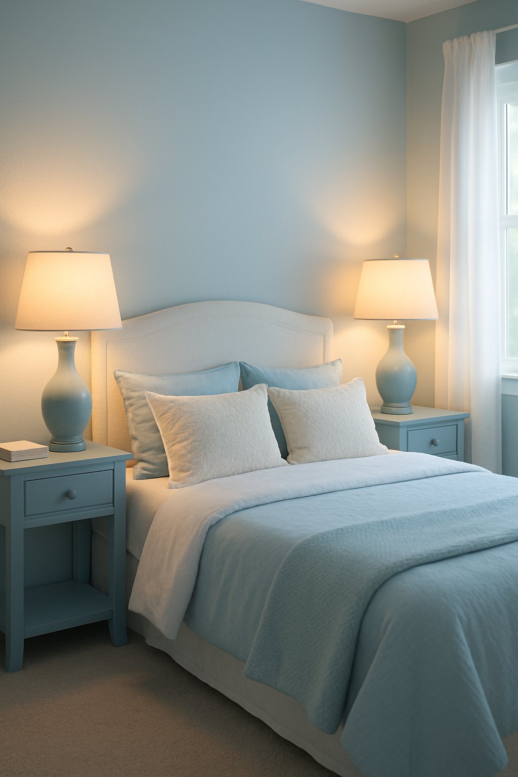 Two light blue bedside lamps casting warm light in a cozy bedroom