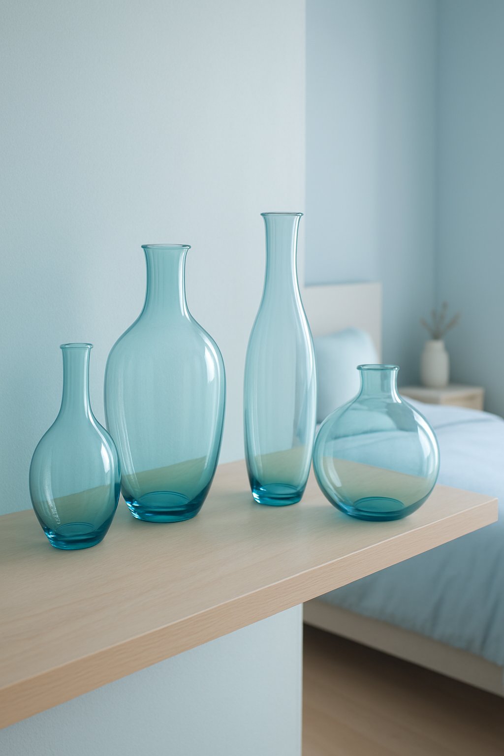 Translucent light blue glass vases arranged on a shelf in a serene light blue bedroom