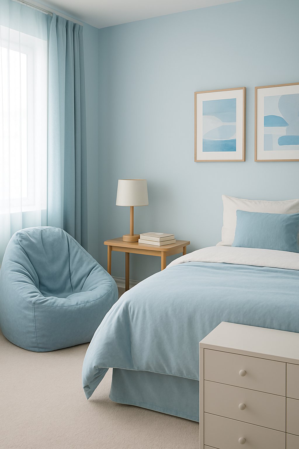A light blue themed bedroom featuring Light blue bean bag for cozy reading nook