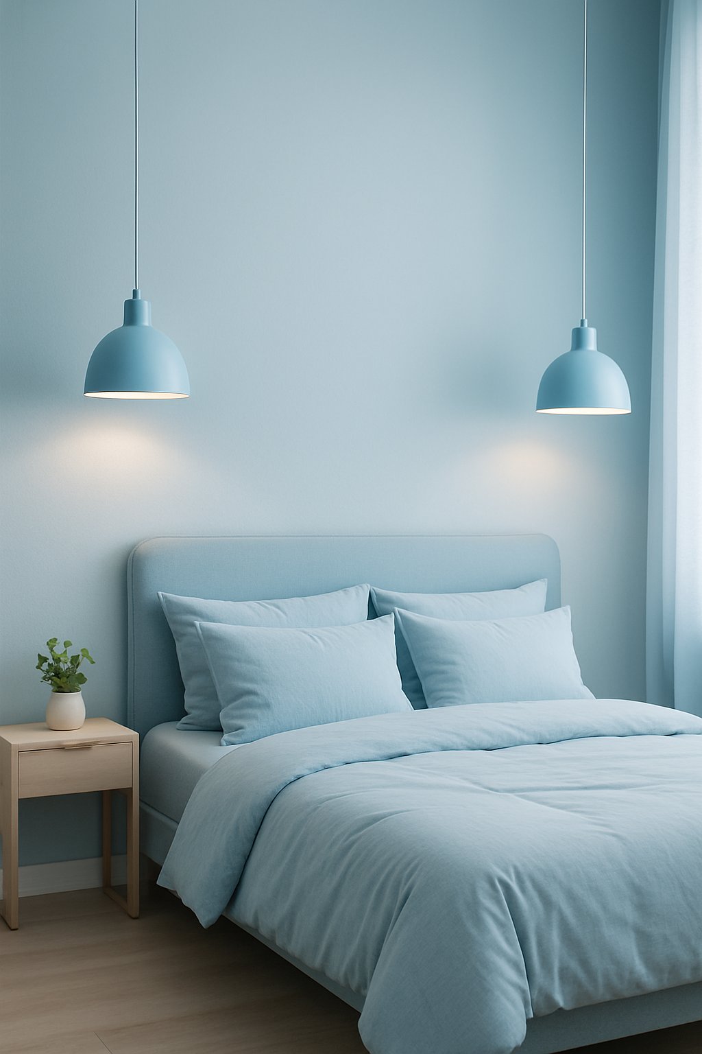 A light blue themed bedroom featuring Sky blue pendant lights above the bed