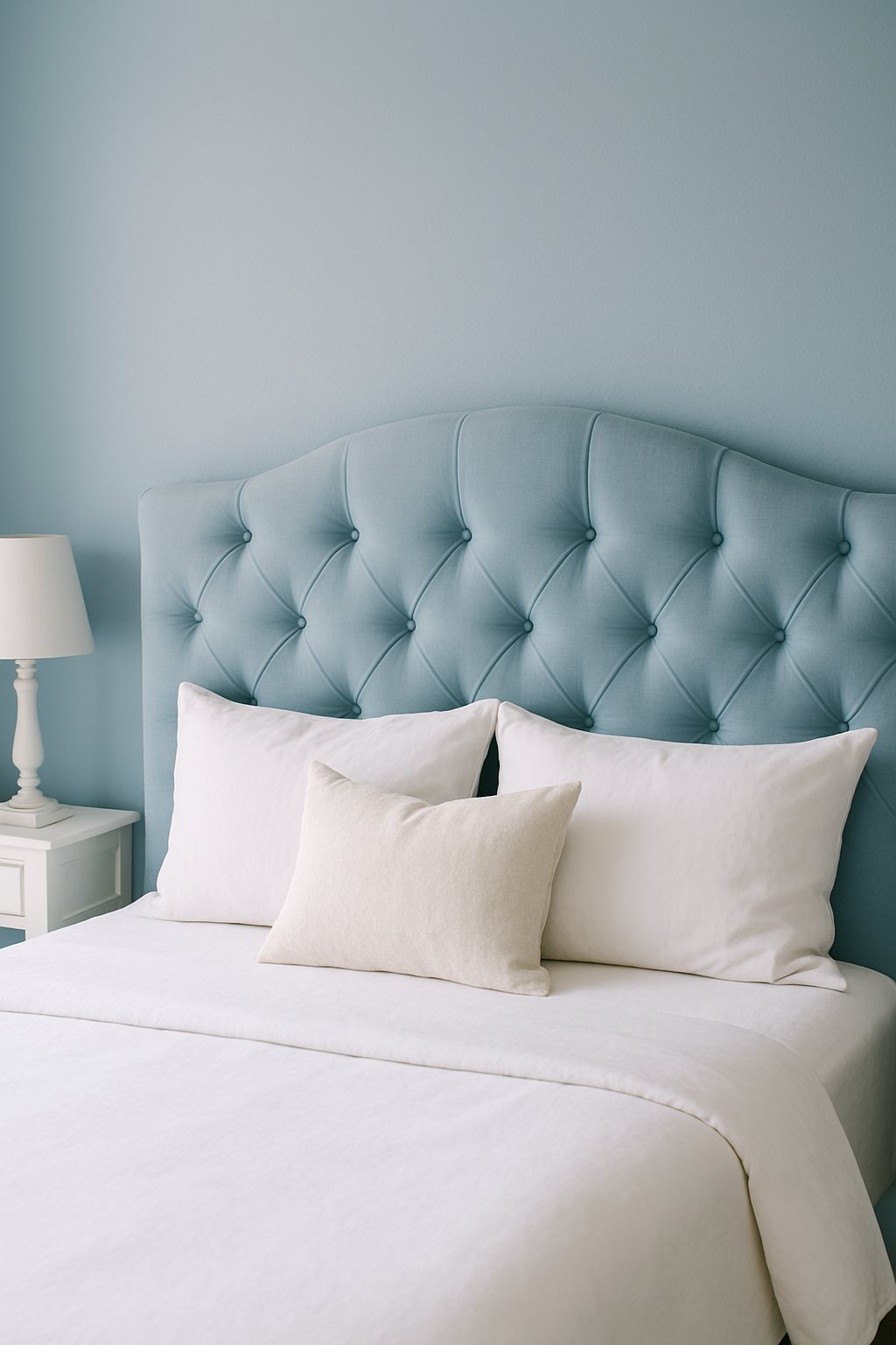 A light blue-painted headboard with tufted details against a matching wall in a serene light blue themed bedroom