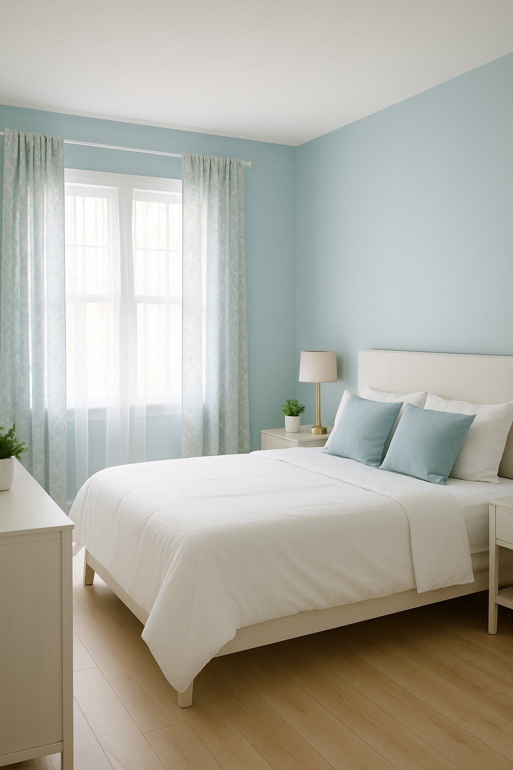 A light blue themed bedroom featuring Light blue and white patterned curtains