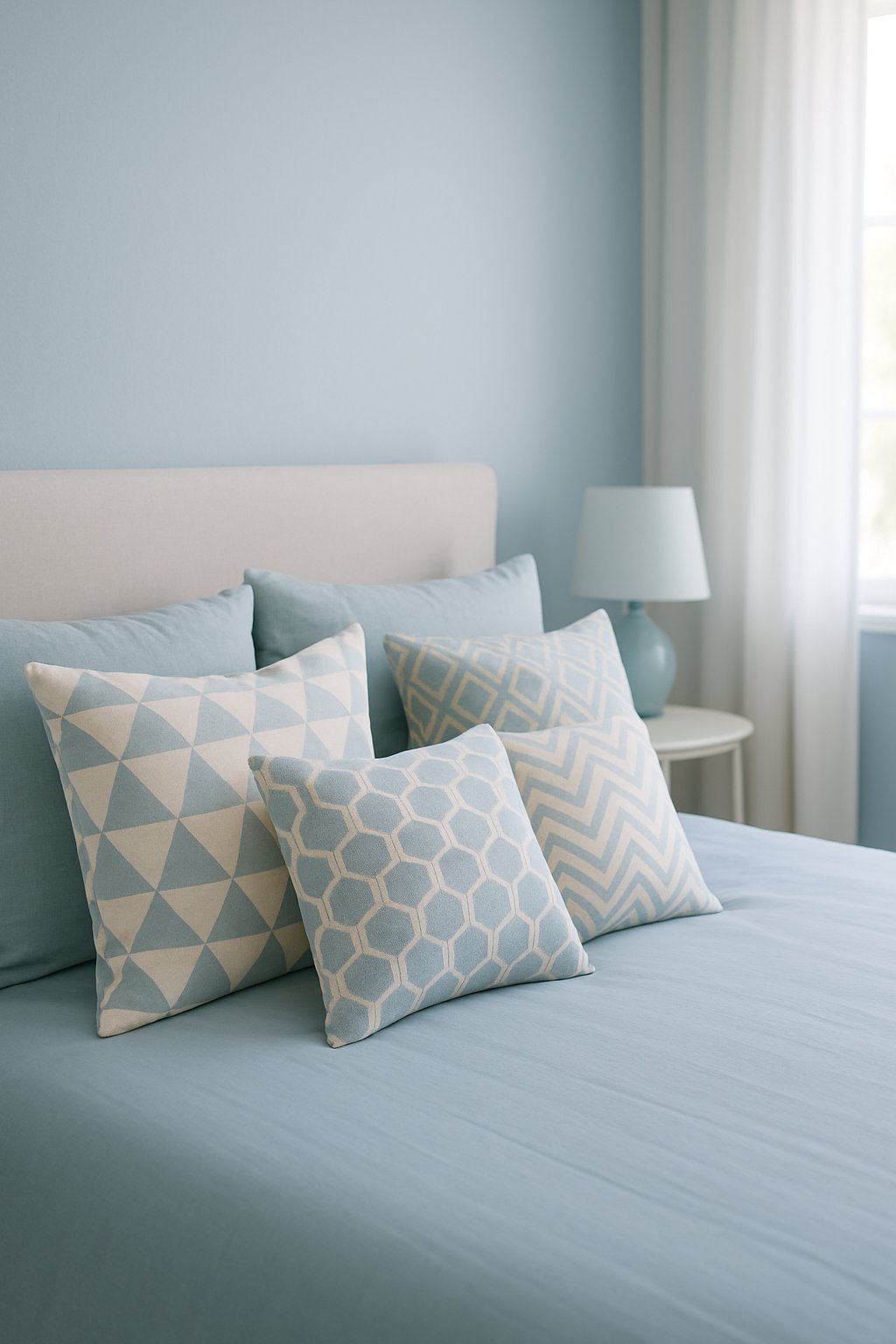 Several off-white and light blue geometric cushions in a light blue themed bedroom