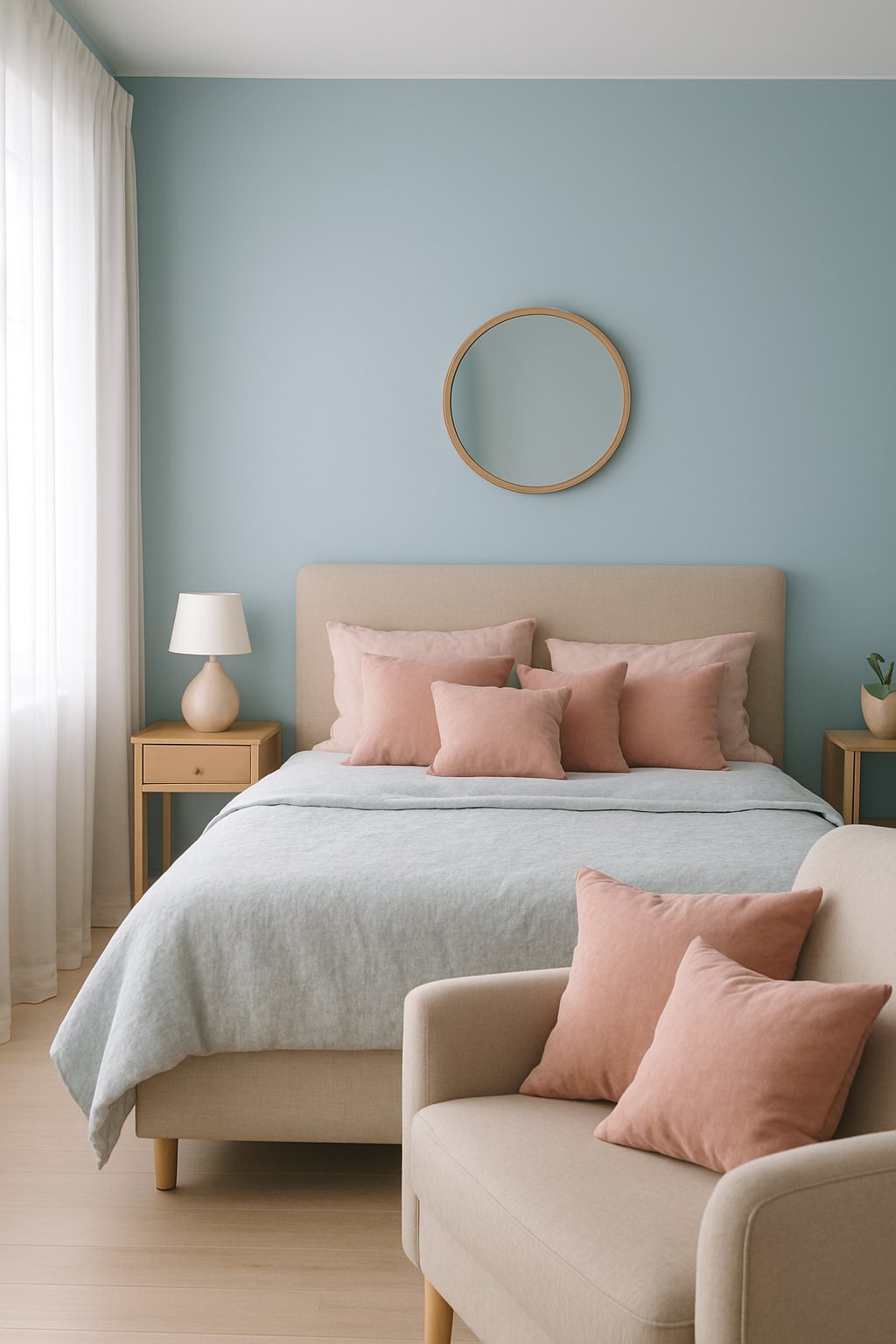 A cozy light blue themed bedroom with blush pink throw pillows scattered on the bed and seating area