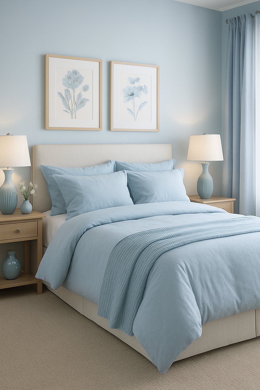 A well decorated luxury and cozy light blue themed bedroom with soft light blue cotton duvet covers, adorned with light blue decor ideas