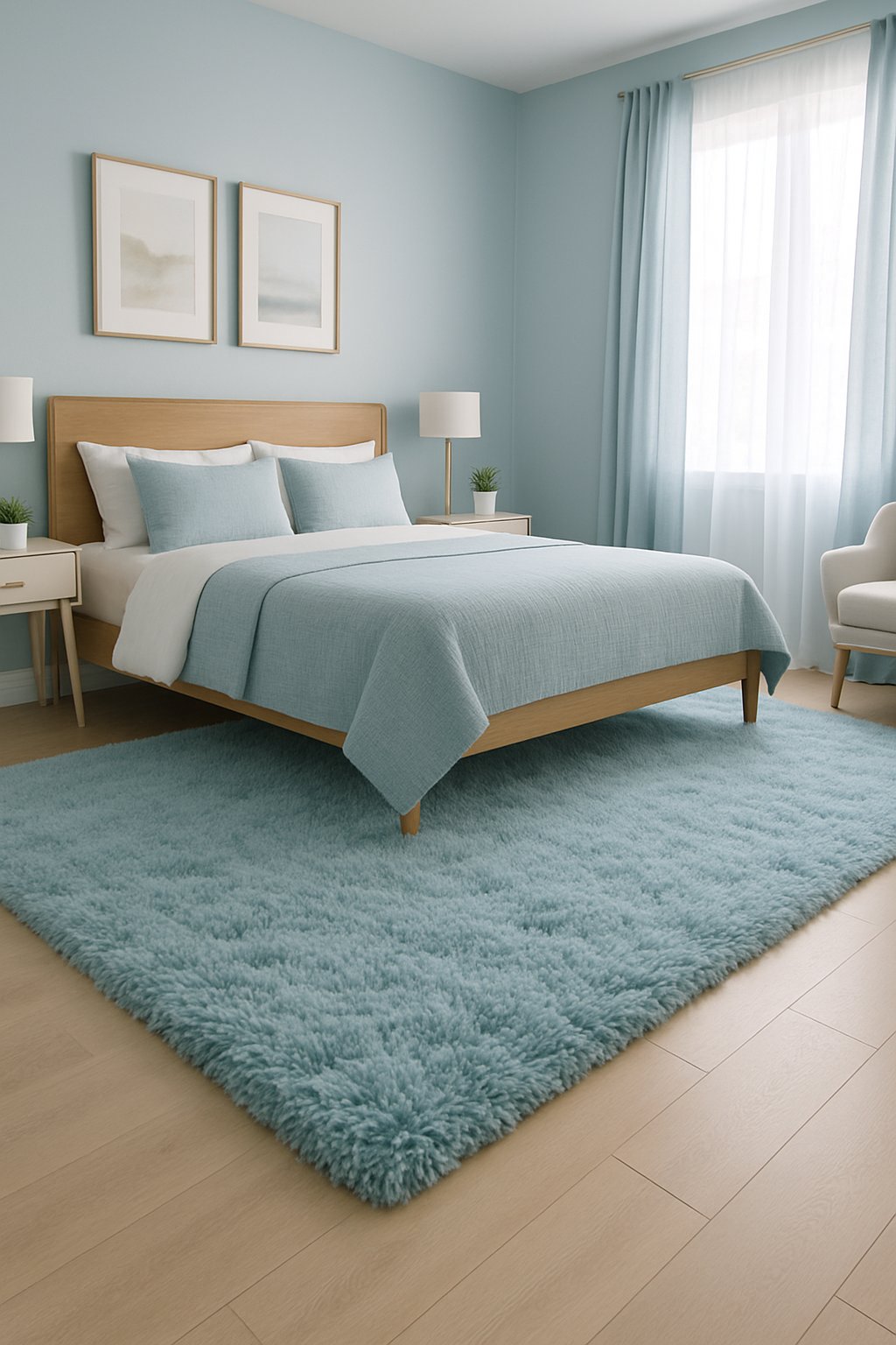 A light blue rug with a soft shag texture lies in the center of a serene, light blue themed luxury bedroom, surrounded by different decor ideas