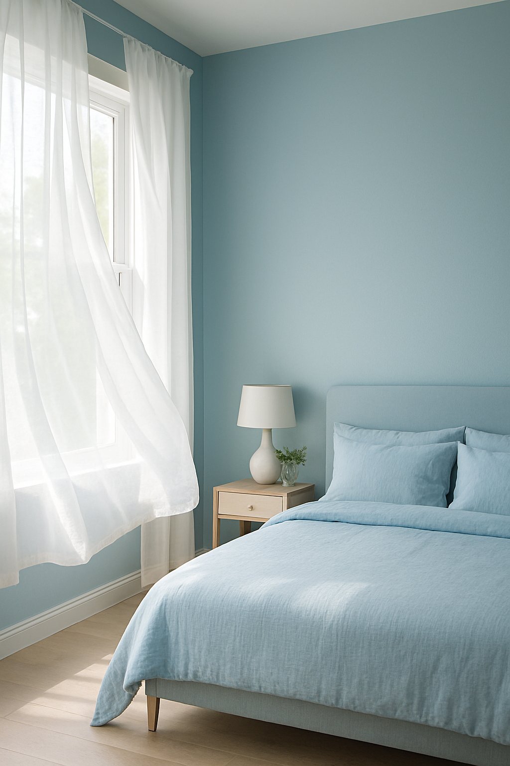 Light blue walls with sheer white curtains billowing in the breeze in light blue themed bedroom