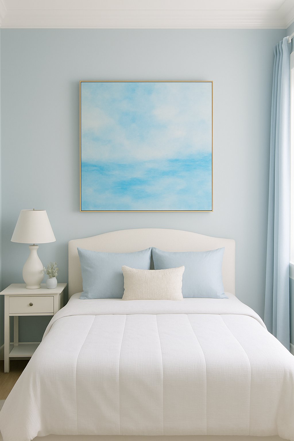 Soft light blue walls with white trim with abstract painting in sky blue create a serene light blue themed bedroom atmosphere