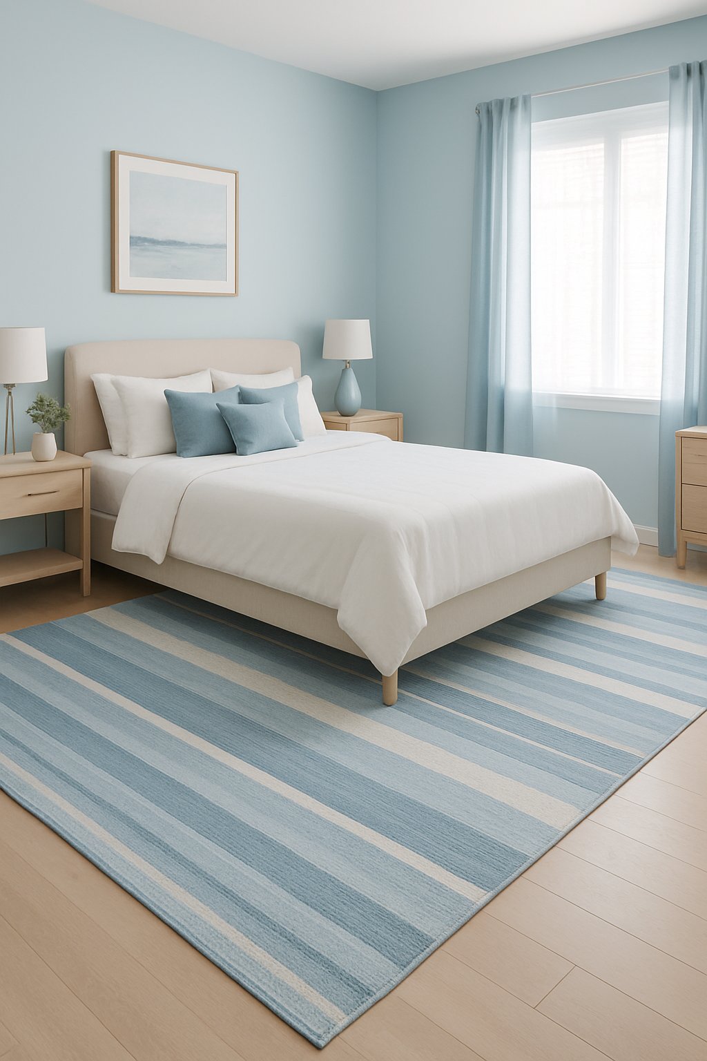 A light blue and gray striped area rug in a serene light blue themed bedroom with light blue decor ideas
