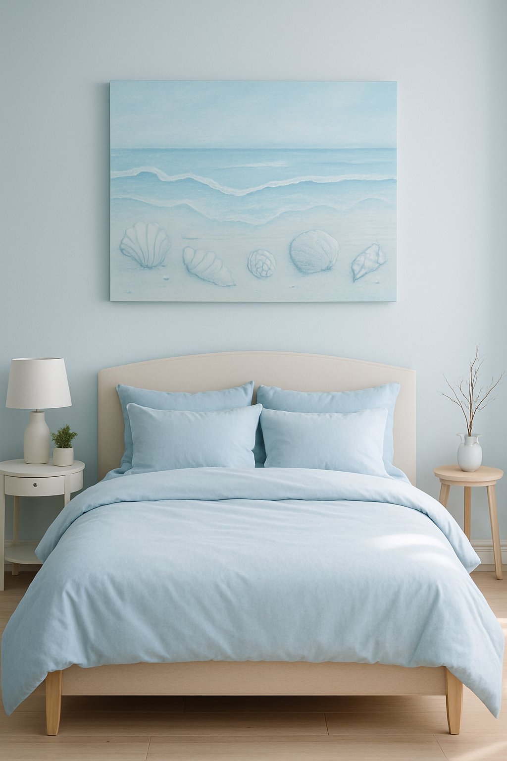 A light blue canvas art with ocean themes hangs above a bed in a serene light blue themed bedroom