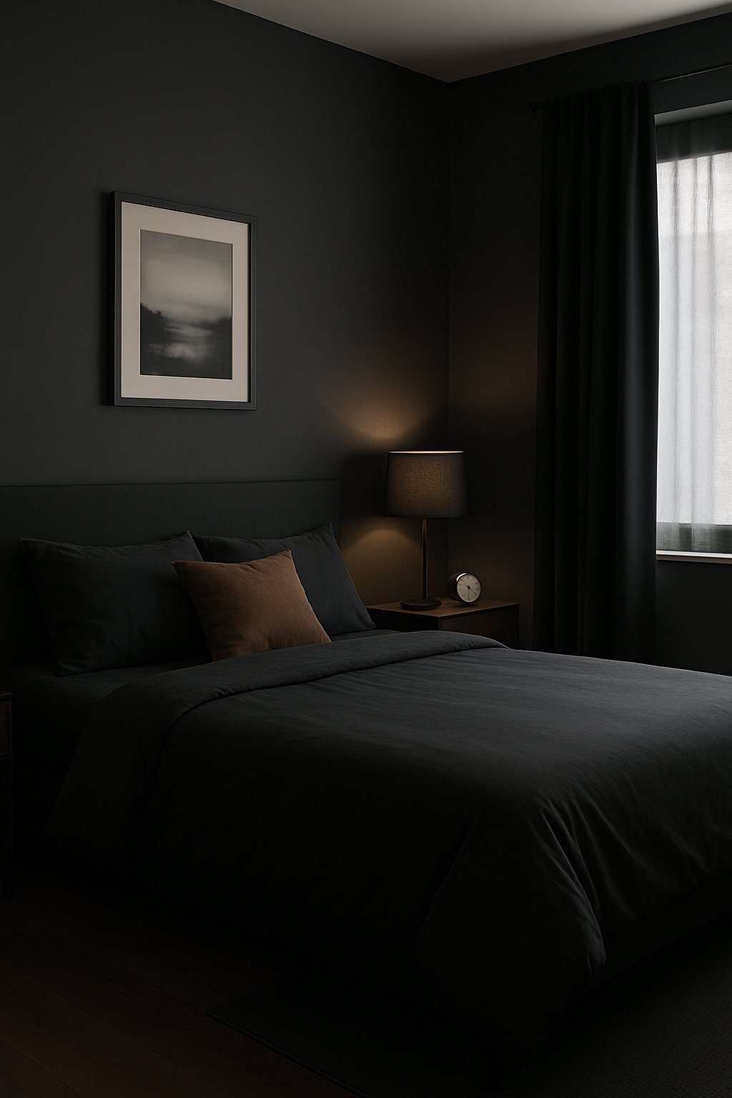 A well lit dark colored men bedroom with blackout curtains