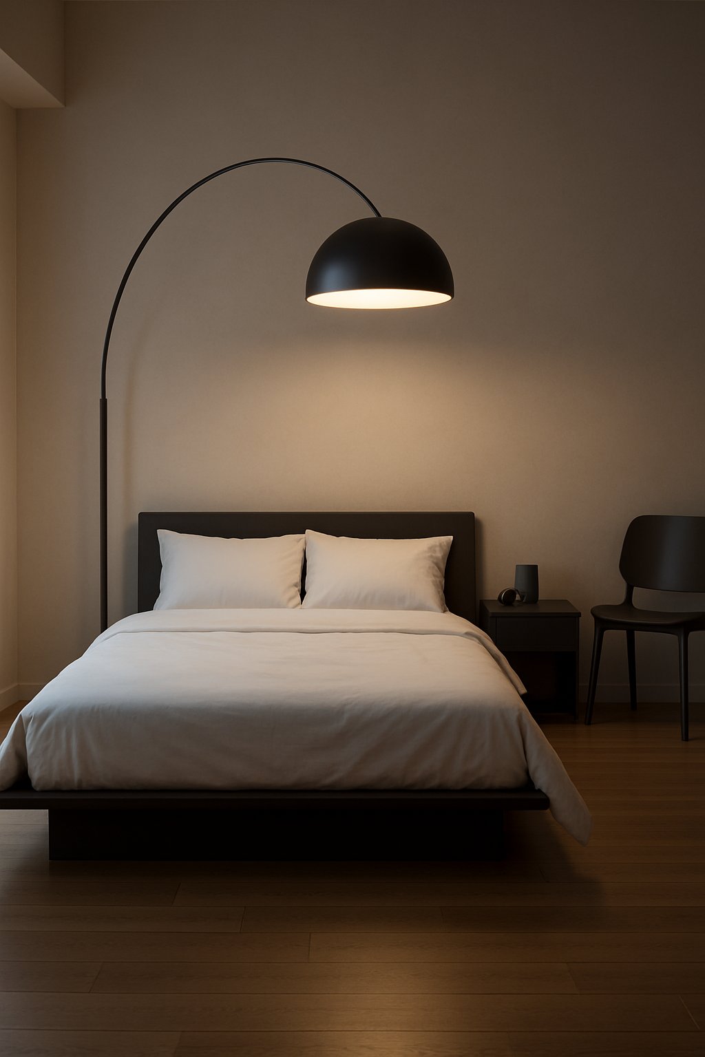 An oversized floor lamp illuminates a modern men's bedroom with minimalist decor and sleek furniture