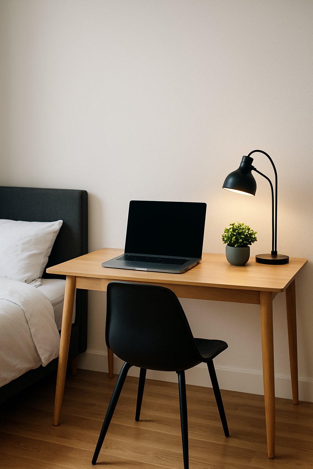 A simple desk with a laptop, lamp, and potted plant. White walls and wood floors in a men bedroom