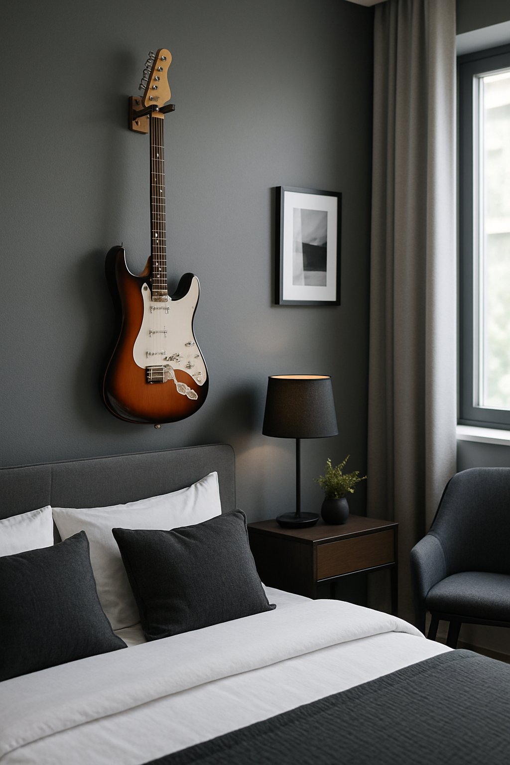 Men bedroom featuring Mounted Electric Guitar