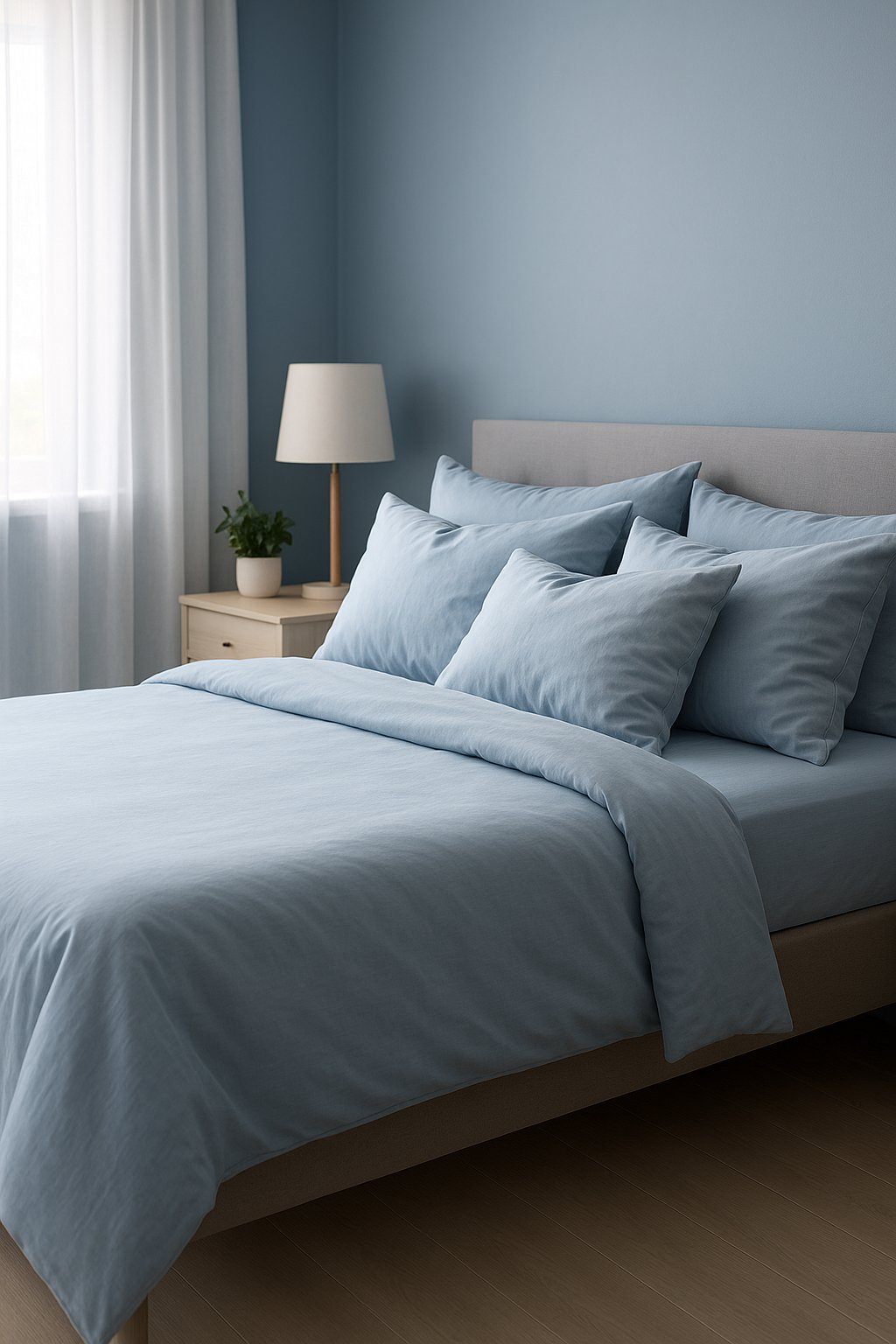 Light blue bedding with fluffy pillows in a serene bedroom setting in a blue bedroom