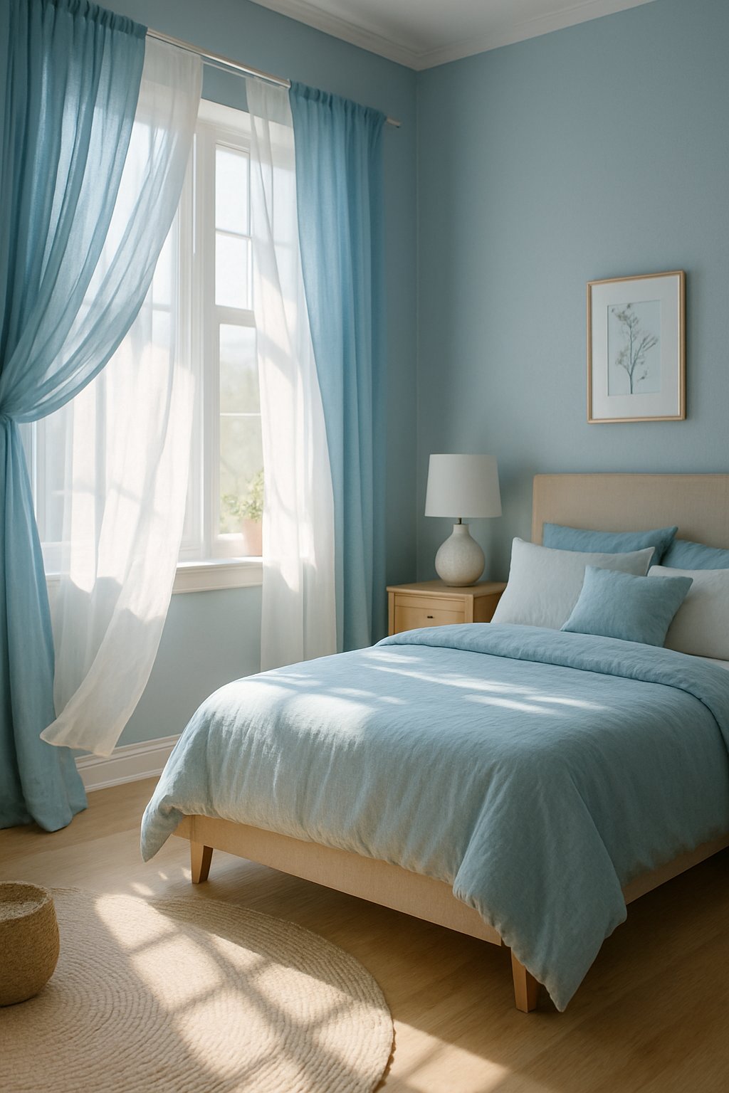 Sky blue curtains billow in a sunlit bedroom. Sheer panels filter the light, creating a serene and inviting atmosphere