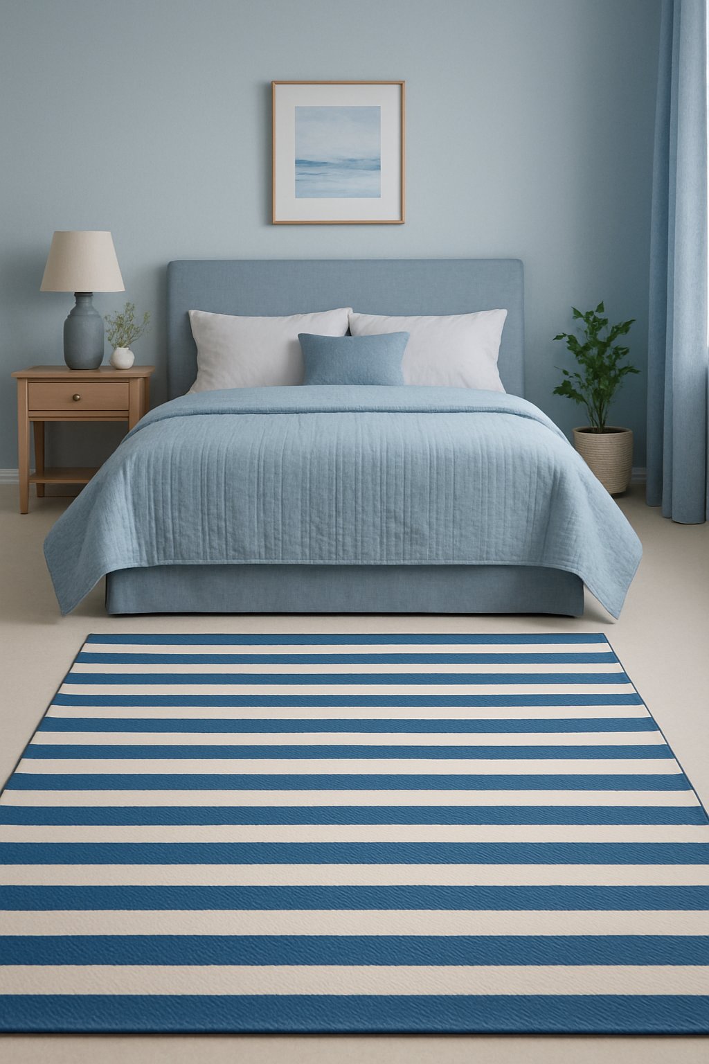 A blue and white striped rug lays on the floor of a serene blue bedroom