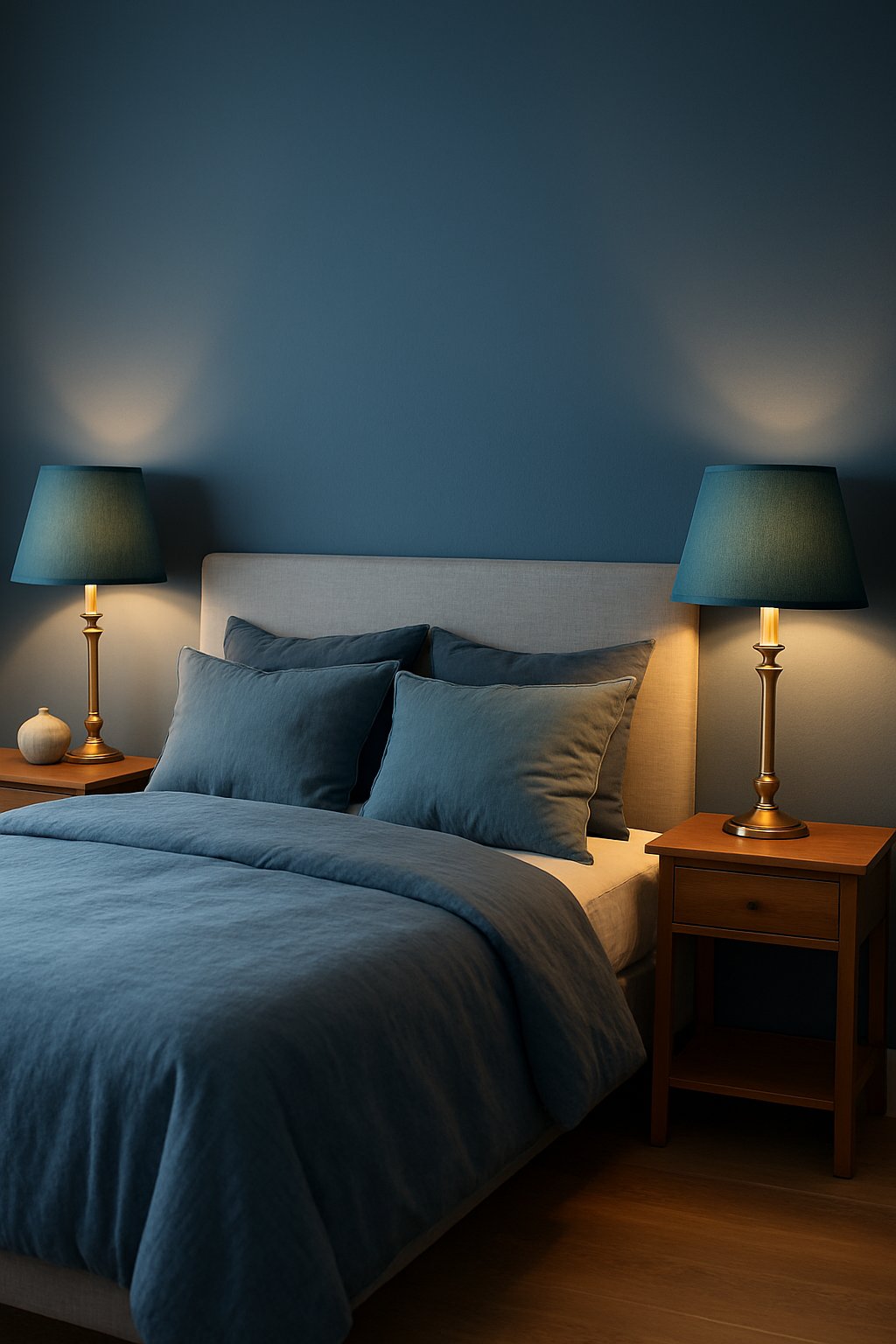 Two teal bedside lamps with brass bases illuminate a cozy blue bedroom