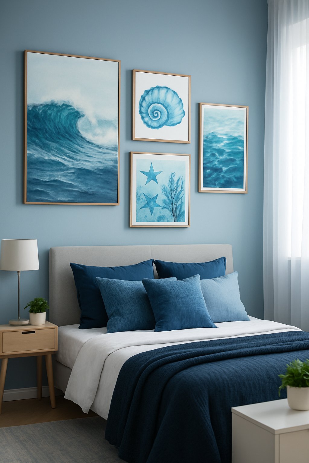 Blue bedroom ideas featuring Ocean-inspired wall art in blues in a blue bedroom