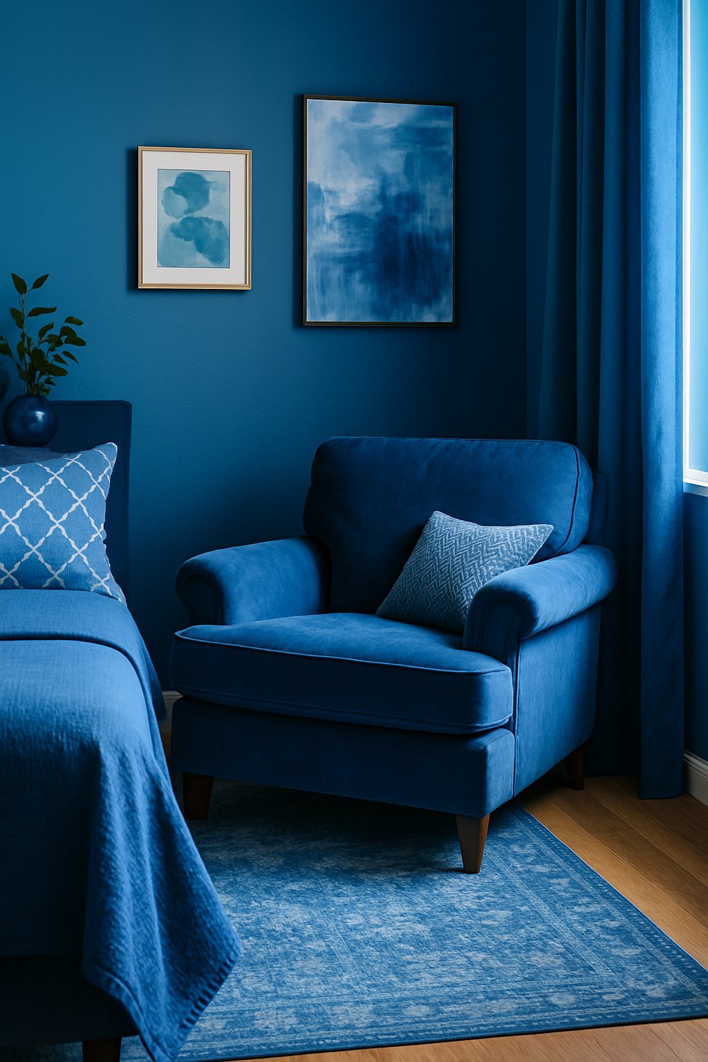 A blue velvet armchair sits in the corner of a vibrant blue bedroom, surrounded by different blue decor ideas.