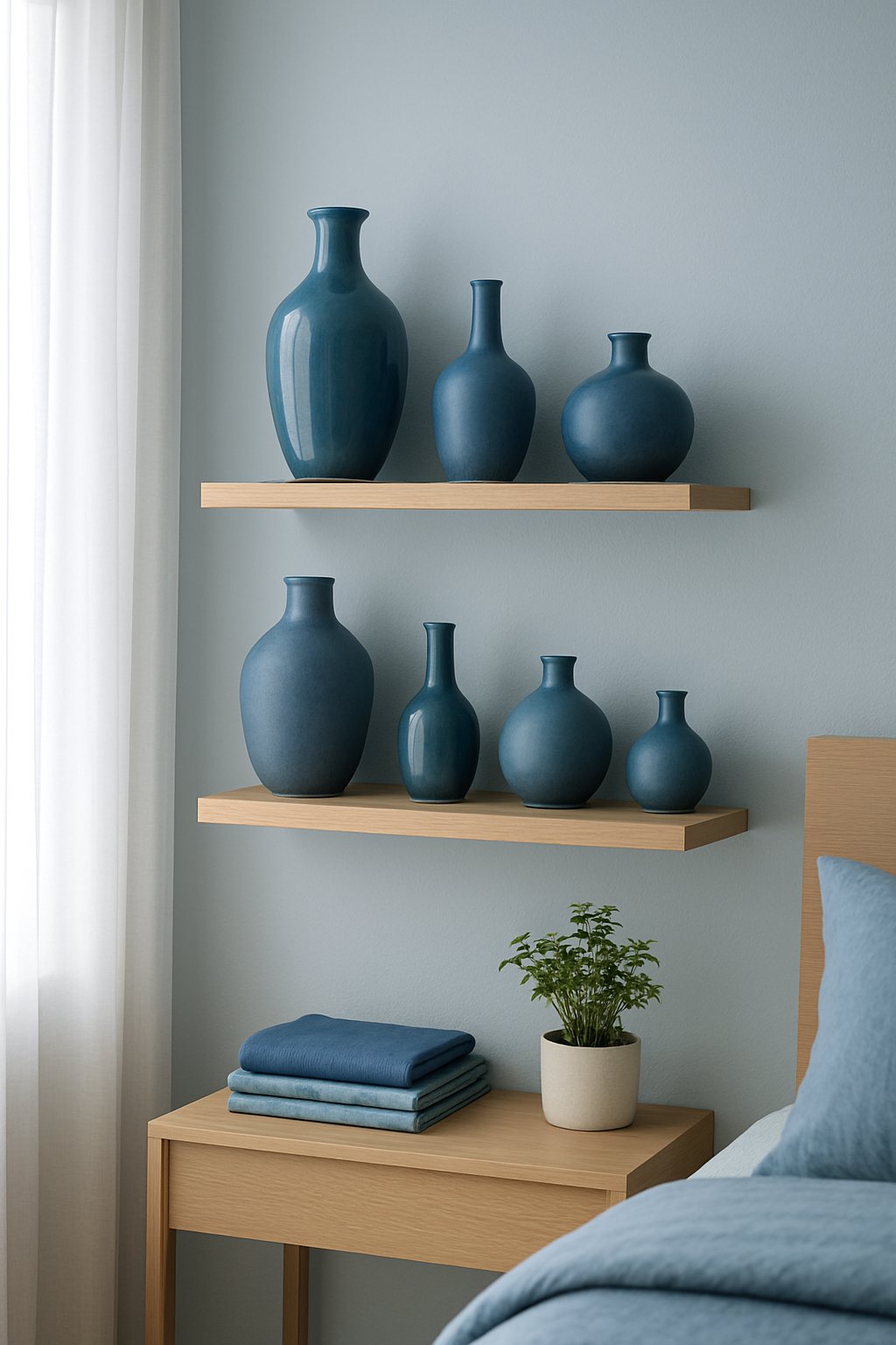 Several blue ceramic vases arranged on shelves in a serene blue bedroom