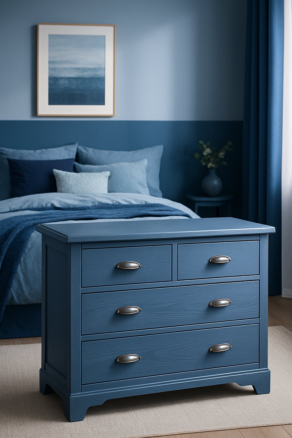 A denim blue painted dresser stands against a backdrop of different blue bedroom ideas