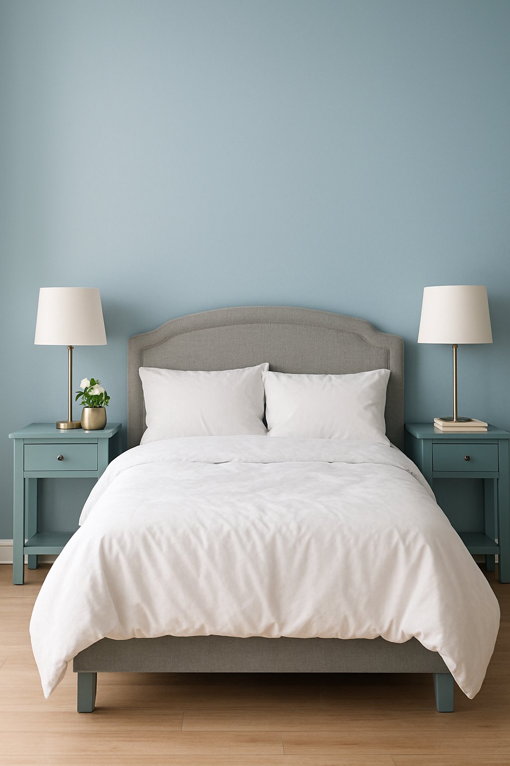 Two mint blue bedside tables in a serene blue bedroom