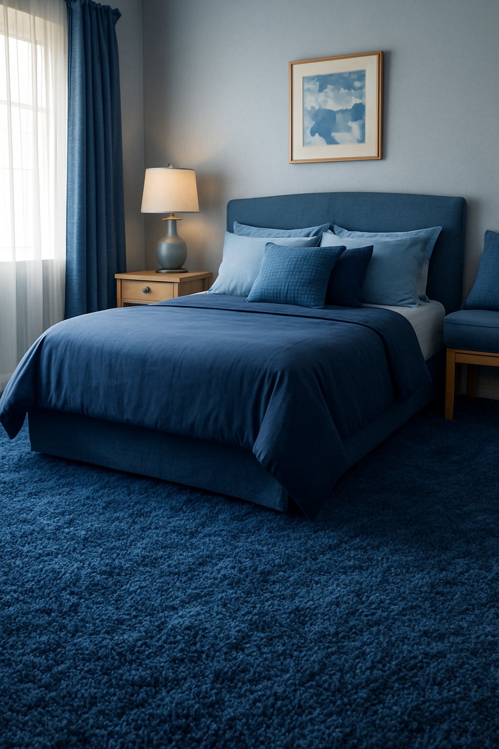 An indigo blue shag carpet fills a cozy blue themed bedroom