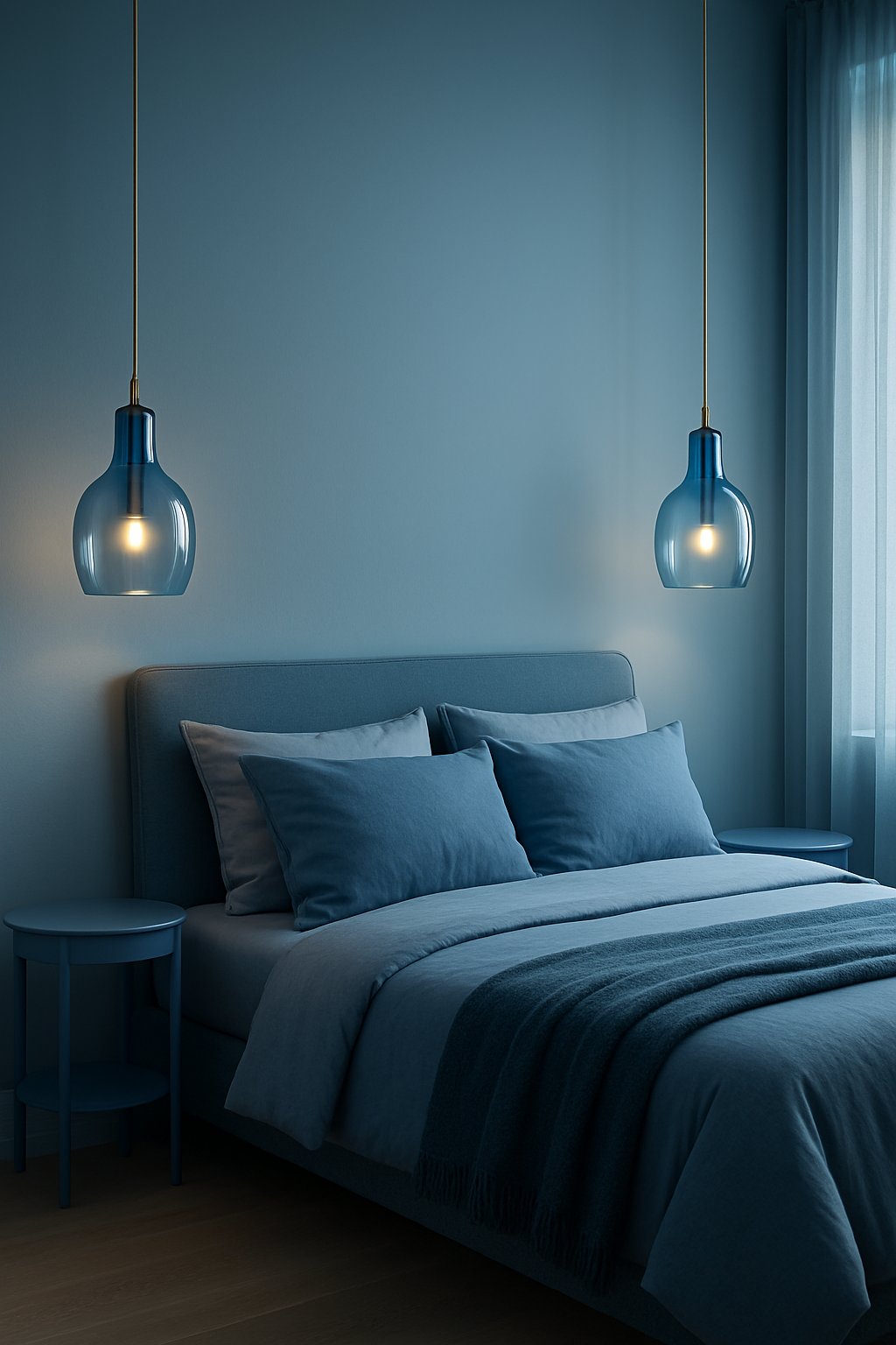 two blue glass pendant lights on top of side tables illuminate a serene blue bedroom