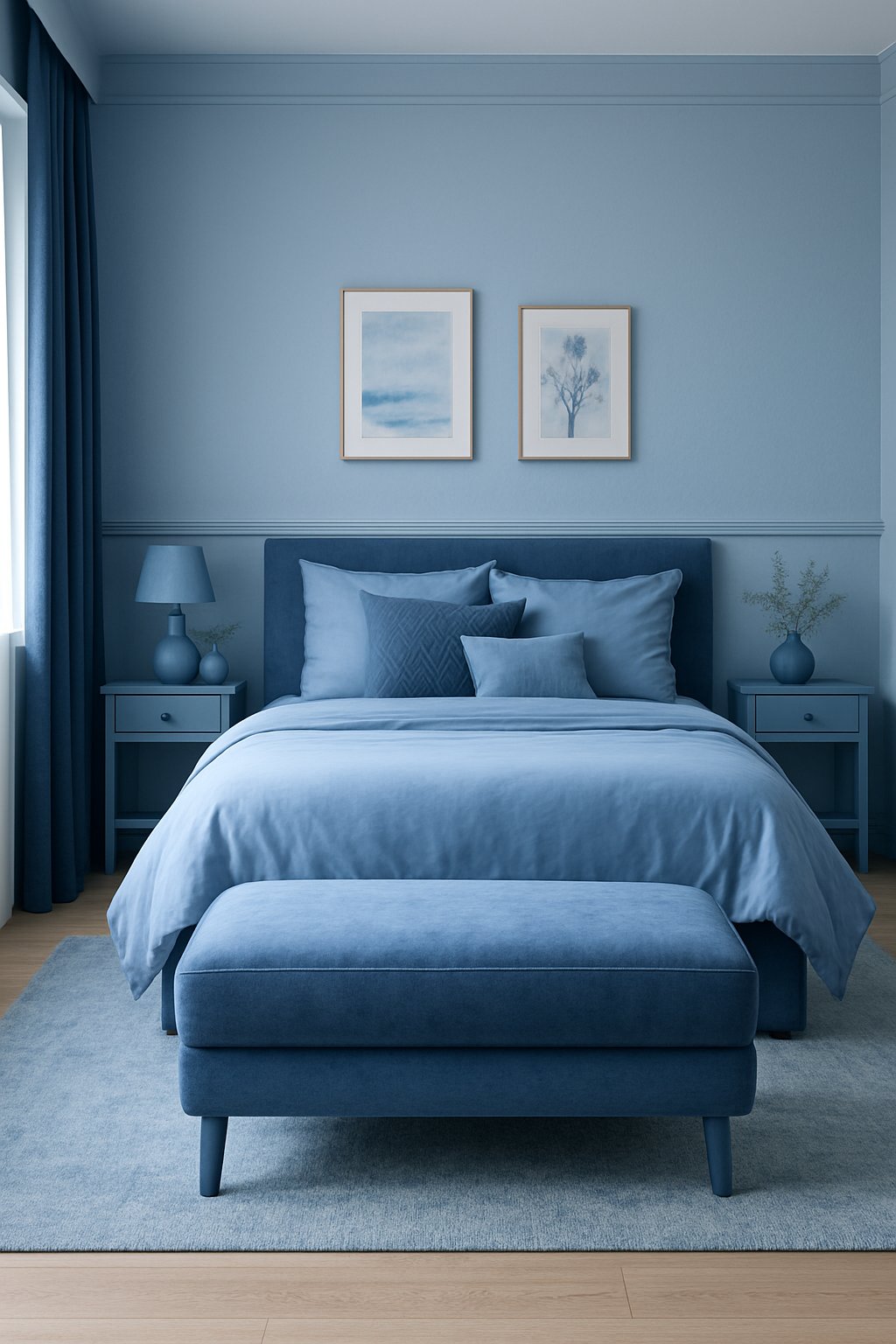 A cornflower blue ottoman bench sits in the center of a serene blue bedroom, surrounded by various shades of blue decor and accents