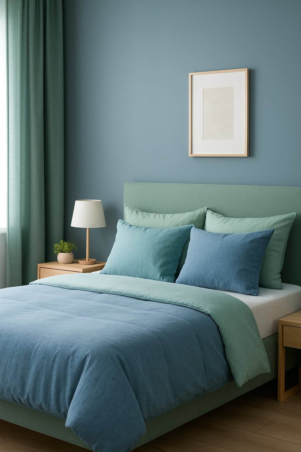 Seafoam green and blue textiles in a serene bedroom setting in a blue bedroom