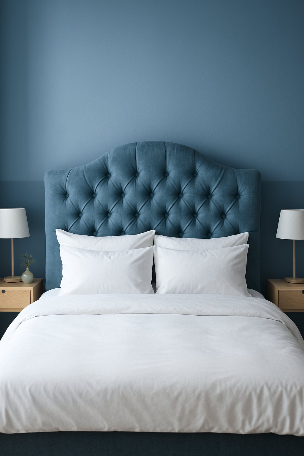 A slate blue headboard with tufting stands against a backdrop of different shades of blue in a serene bedroom setting