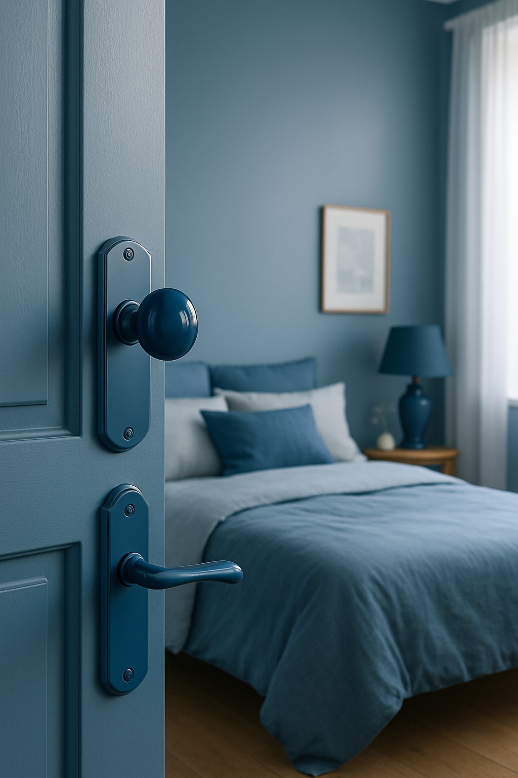 Prussian blue door knobs and handles adorn a serene blue bedroom
