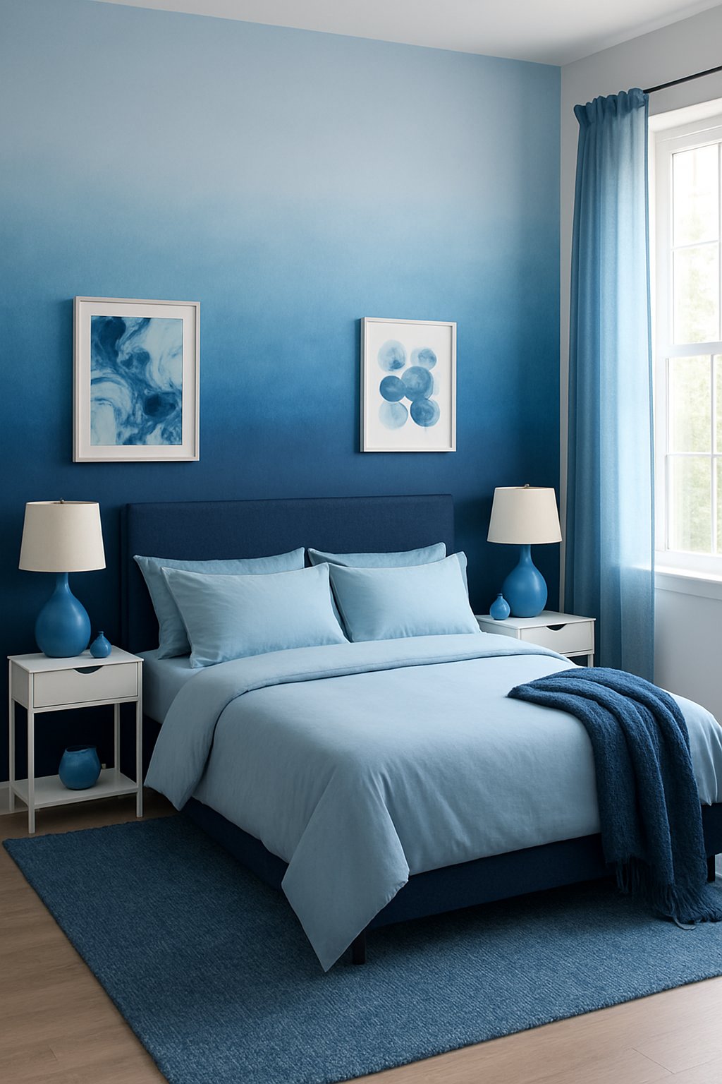 A bedroom with a blue ombre wall, decorated with blue-themed ideas
