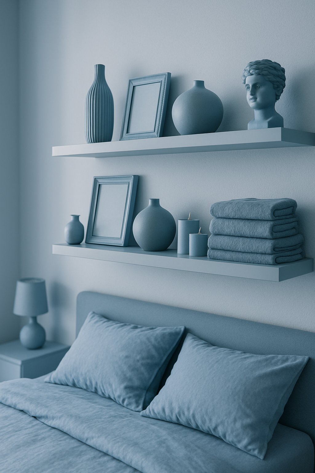 Light blue floating shelves holding various blue bedroom decor and accessories