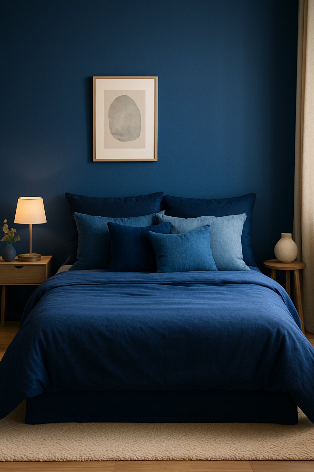 A cozy cobalt blue bedroom with a variety of throw cushions in different shades of blue