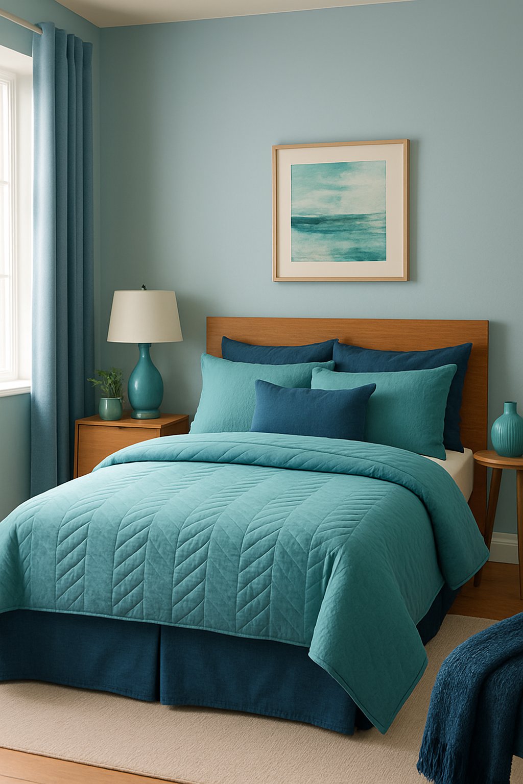 A cozy bedroom with a turquoise and navy bedding set, surrounded by blue bedroom decor ideas