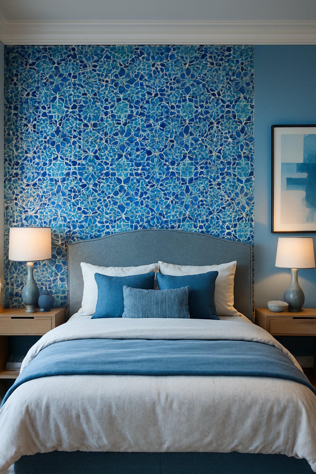 blue moroccan backsplash tiles in blue themed bedroom, luxury modern and beautiful