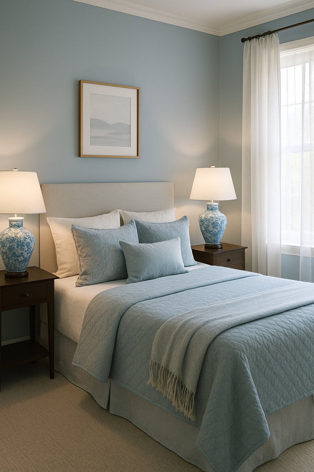 Two blue and white porcelain lamps illuminate a serene blue bedroom with various decor ideas