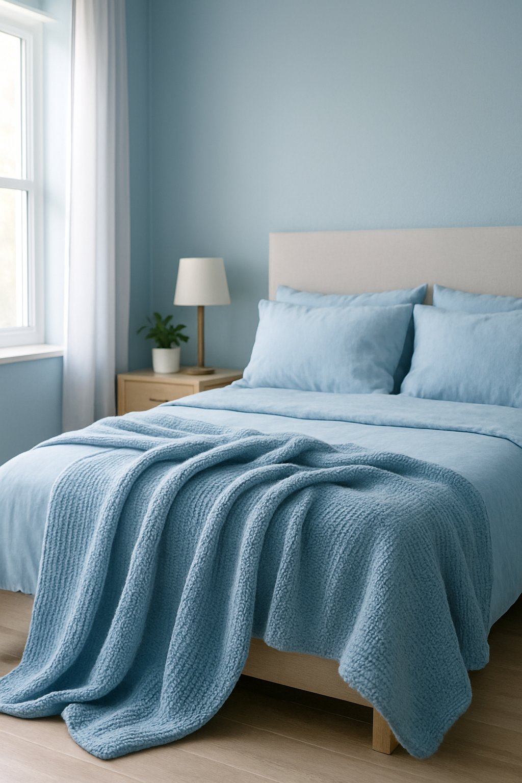 Soft blue throw blankets draped over a cozy bed in a serene blue bedroom