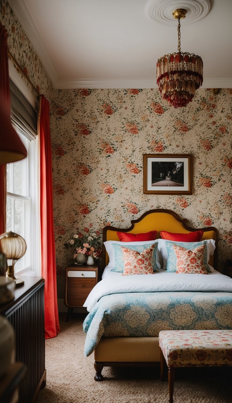 A cozy bedroom with vintage floral wallpaper, adorned with retro decor and furnishings