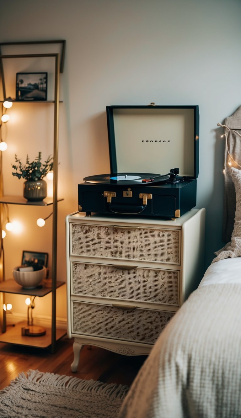 A retro bedroom with a record player setup on a vintage dresser, surrounded by cozy decor and soft lighting