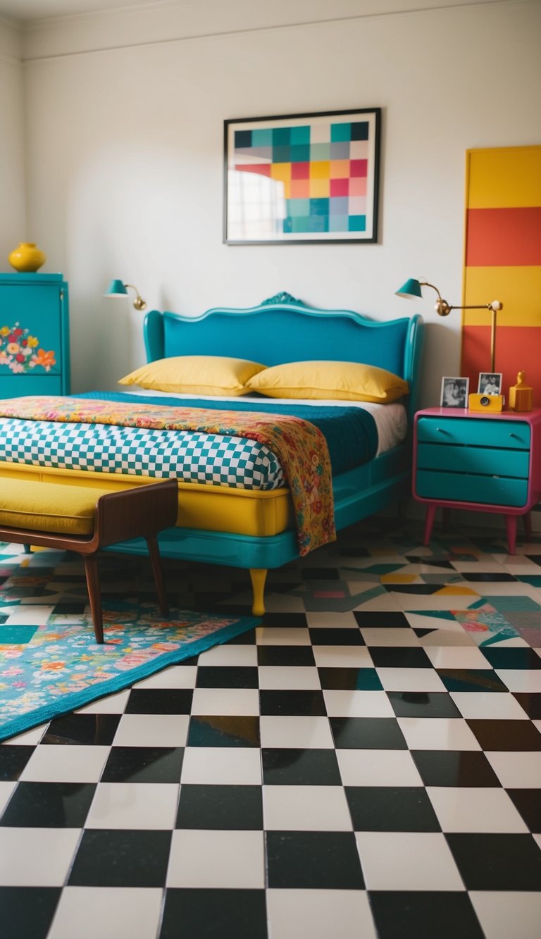 A retro bedroom with checkerboard floor tiles, vintage furniture, and colorful accents