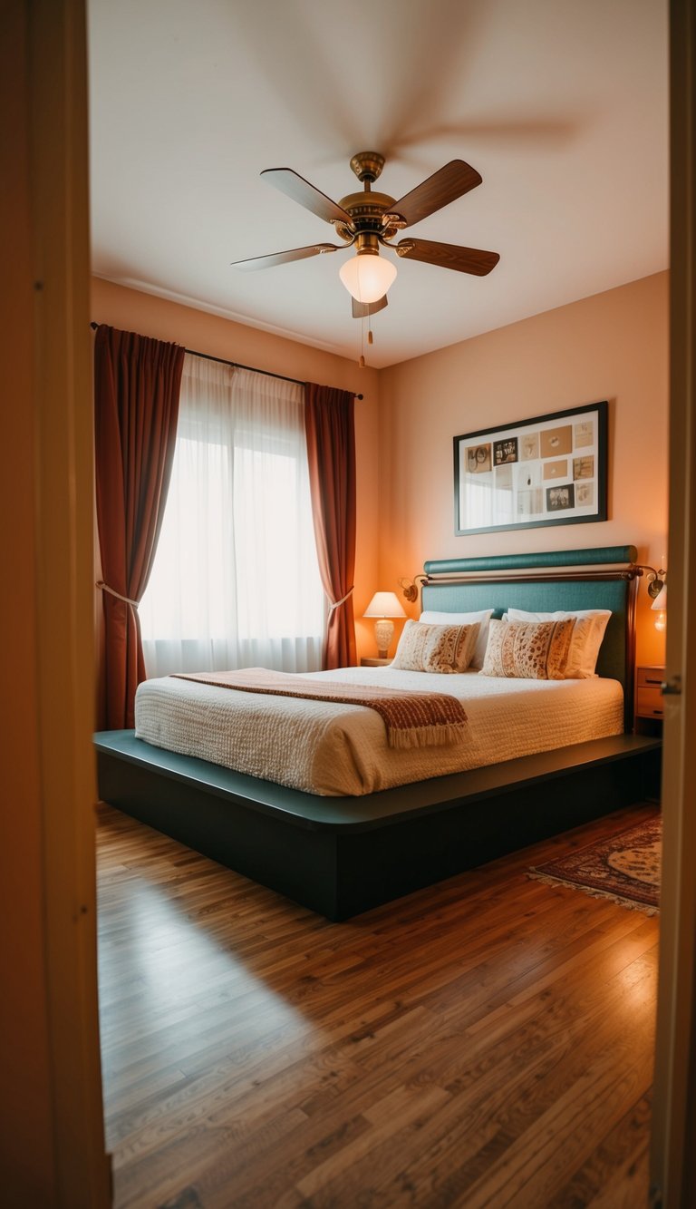 A cozy retro bedroom with a platform bed, vintage decor, and warm lighting