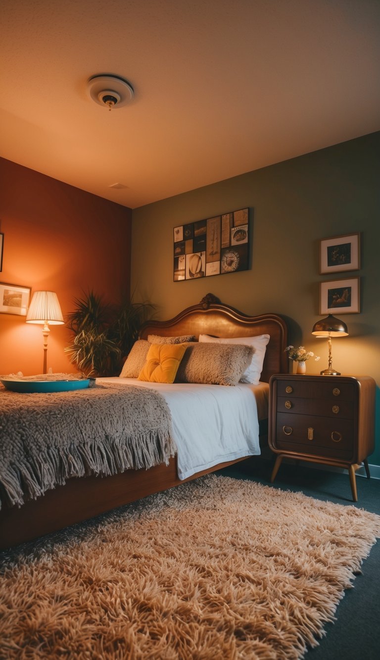 A cozy retro bedroom with shaggy area rugs, vintage furniture, and warm lighting