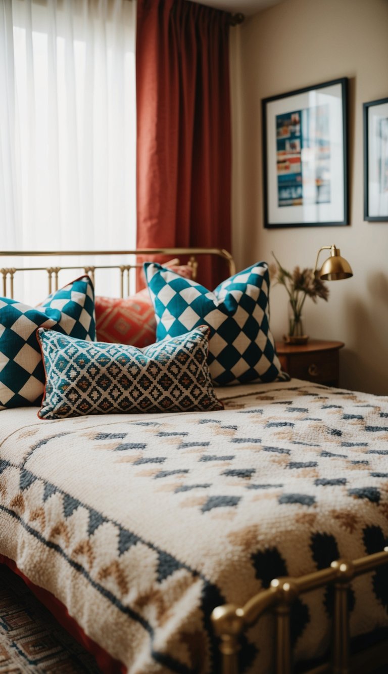 A cozy retro bedroom with geometric patterned pillows on a vintage bed